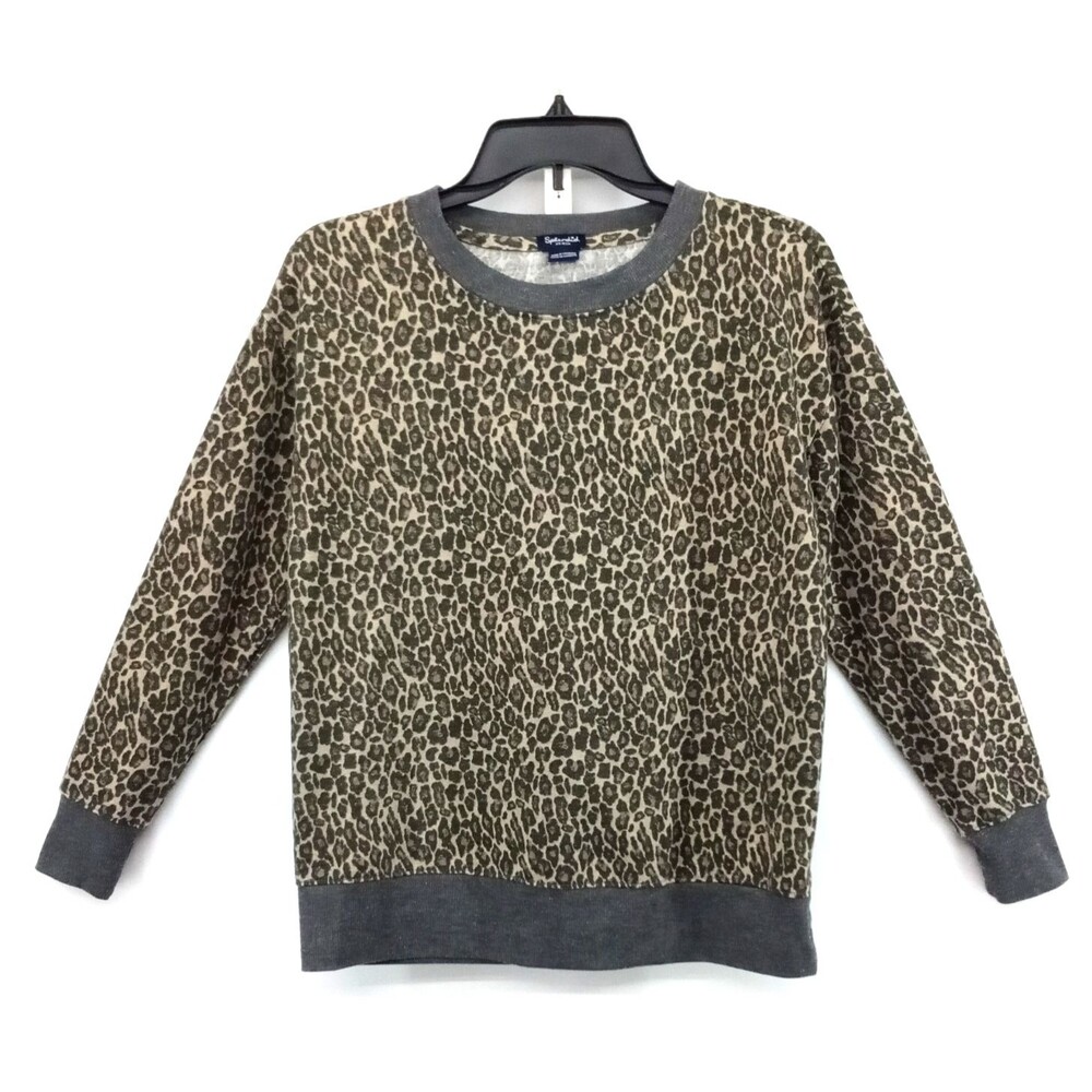 Splendid Sweatshirt Women Size XS Brown Animal Print Contrast Ribbed Trim Top
